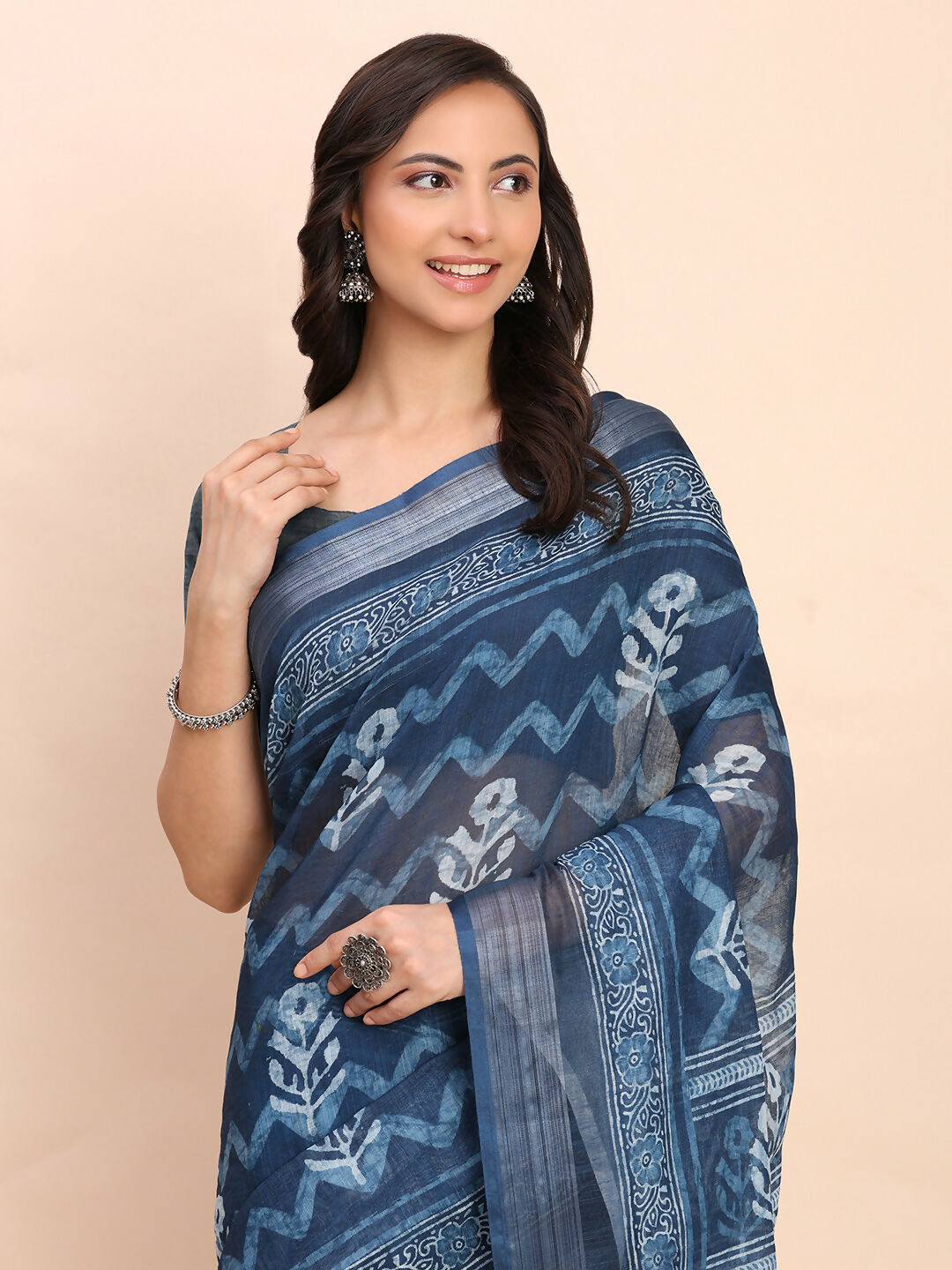 Shree Shyam Fashion Linen Cotton Indigo Blue Saree | Grocsy
