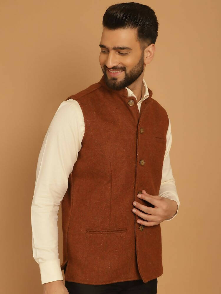 Even Apparels Pure Wool Nehru Jacket - Brown | Grocsy