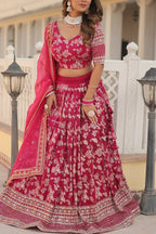 Vastranavya Designer Dyeable Pure Viscose Jacquard Fabric Lehenga Choli & Dupatta Set - Pink | Grocsy