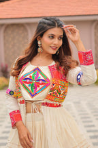 Teeya Creation Womens New Stylish Heavy Gamthi Work With Mirror Lace Work Cream Gown Set | Grocsy