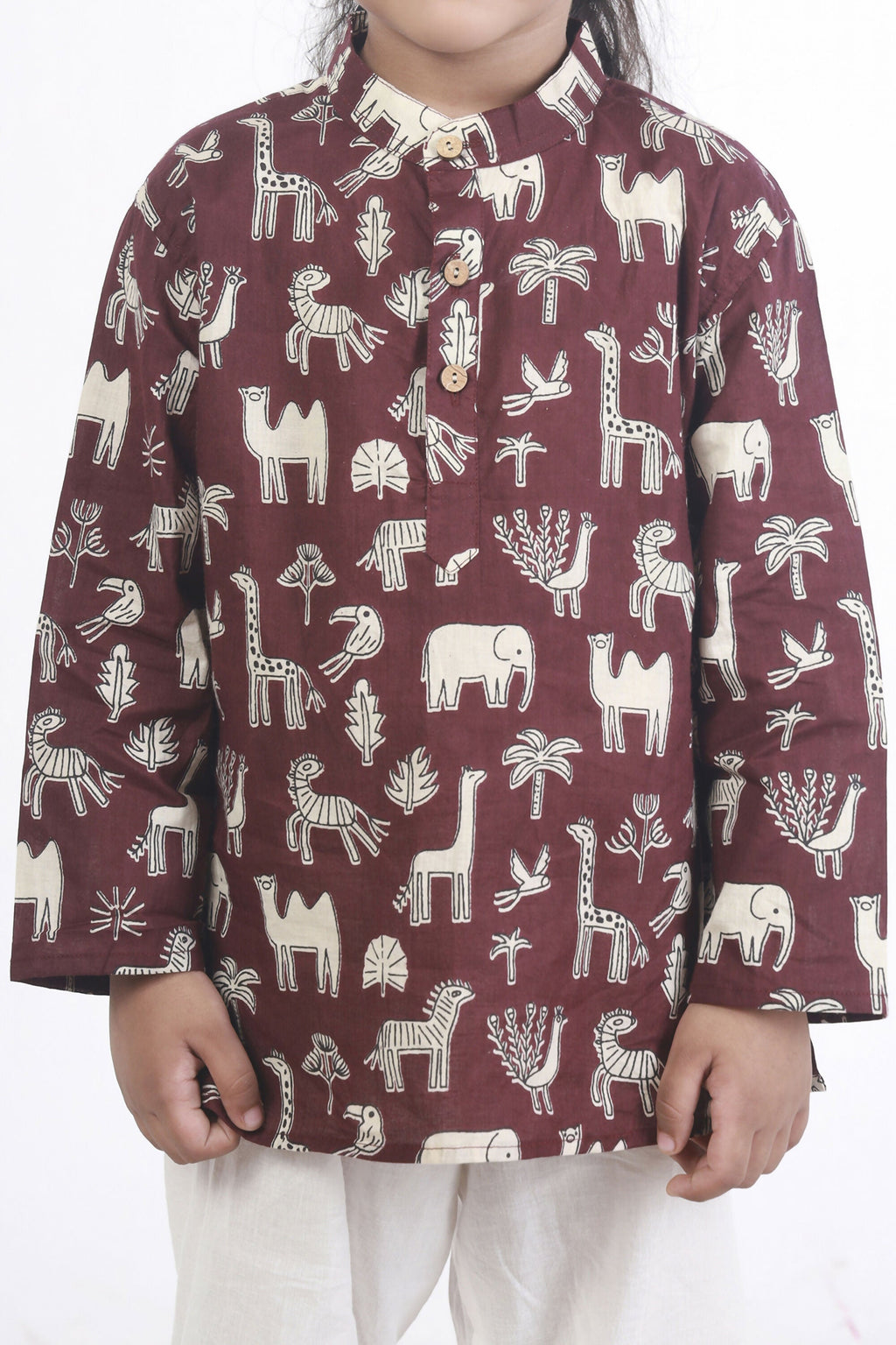Breathables Kids Cotton Night Suit – Wine Animal Print Kurta & Pyjama Co-Ord Set For Boys & Girls | Grocsy