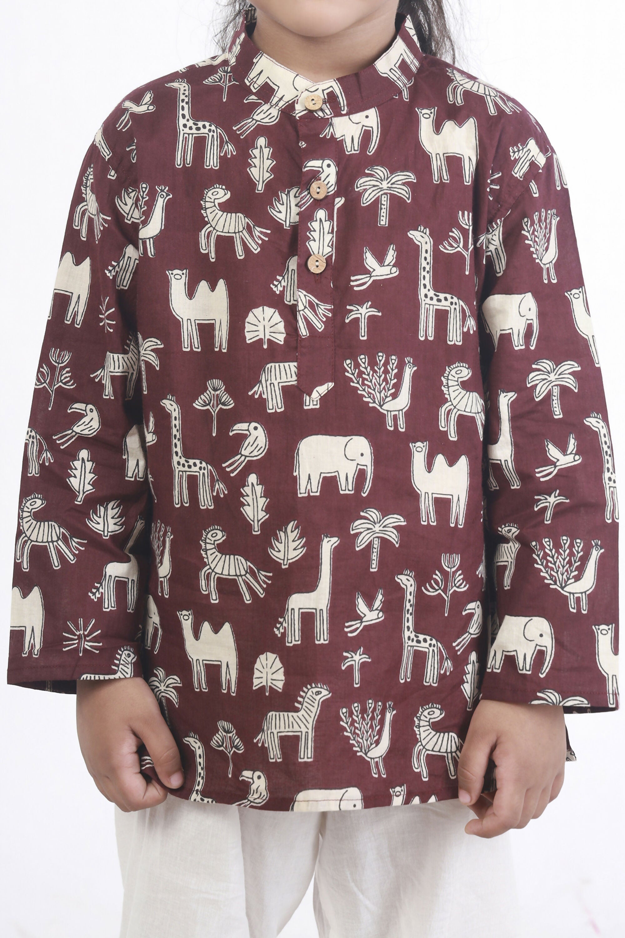 Breathables Kids Cotton Night Suit – Wine Animal Print Kurta & Pyjama Co-Ord Set For Boys & Girls | Grocsy