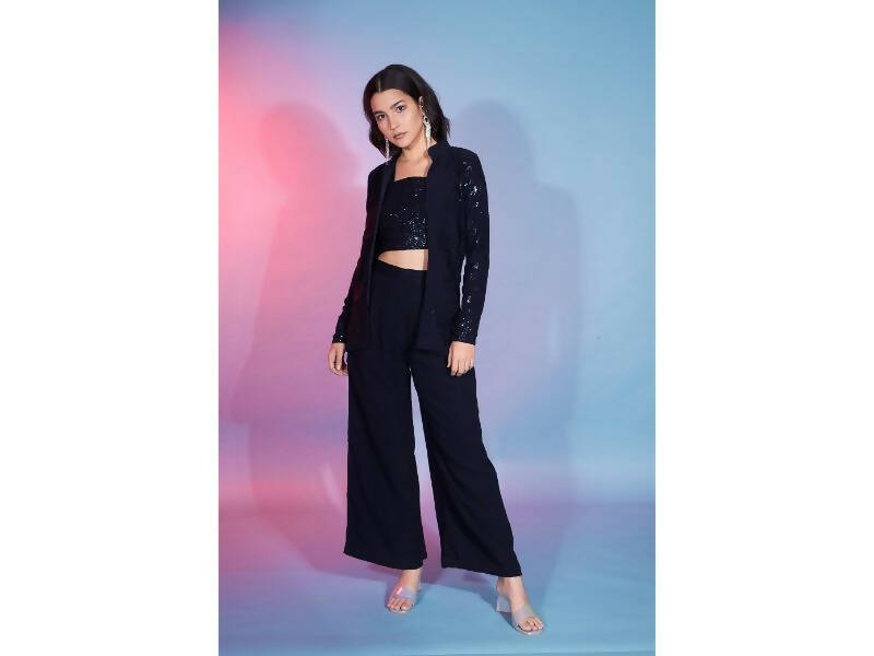 Navy Georgette Sequence With Thread Designer Co-Ord Set - Flory | Grocsy