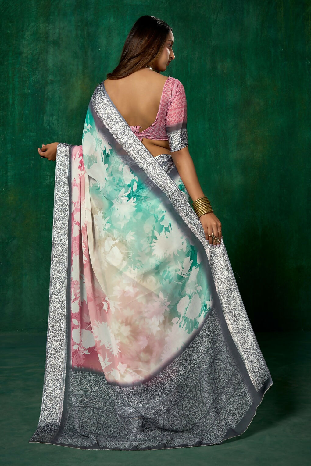 Joban Fashion Dola Silk With Zari Border Shaded Multi Color Work Saree | Grocsy