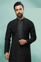Raivat Ethnic Art Silk Mirror Embroidery Work Kurta Pajama In Black Colour | Grocsy