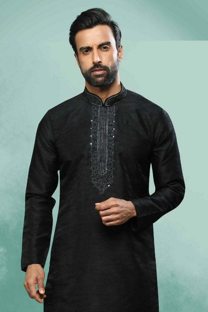 Raivat Ethnic Art Silk Mirror Embroidery Work Kurta Pajama In Black Colour | Grocsy