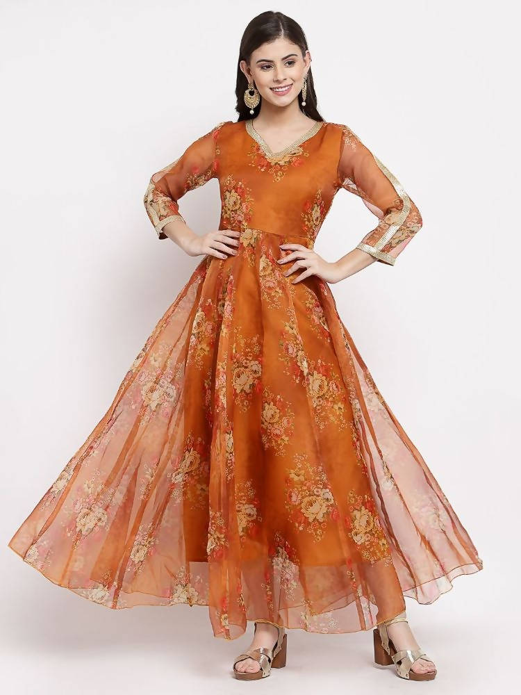 Myshka Women's Brown Organza Printed 3/4 Sleeve V Neck Casual Anarkali Dress | Grocsy