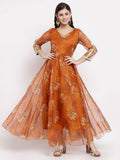 Myshka Women's Brown Organza Printed 3/4 Sleeve V Neck Casual Anarkali Dress | Grocsy