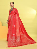 Joban Fashion Peach & Red Plain With Weaving Border Banarasi Silk Sarees | Grocsy