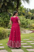 Vastranavya Premium Designer Faux Blooming with Embroidery Zari Sequins work Gown - Pink | Grocsy