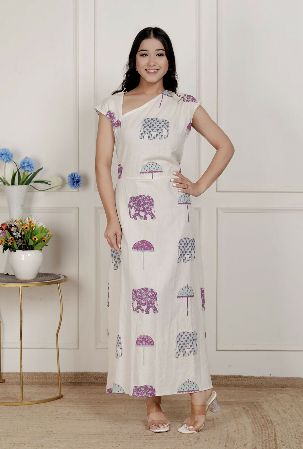Miravan Womens Off-White Animal Printed Asymmetric Neck A-Line Maxi Dress | Grocsy