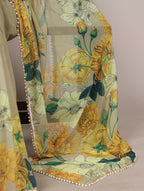 Vastranavya Mehendi Weightless Marble and Floral Printed Georgette Saree with Unstitched Blouse | Grocsy