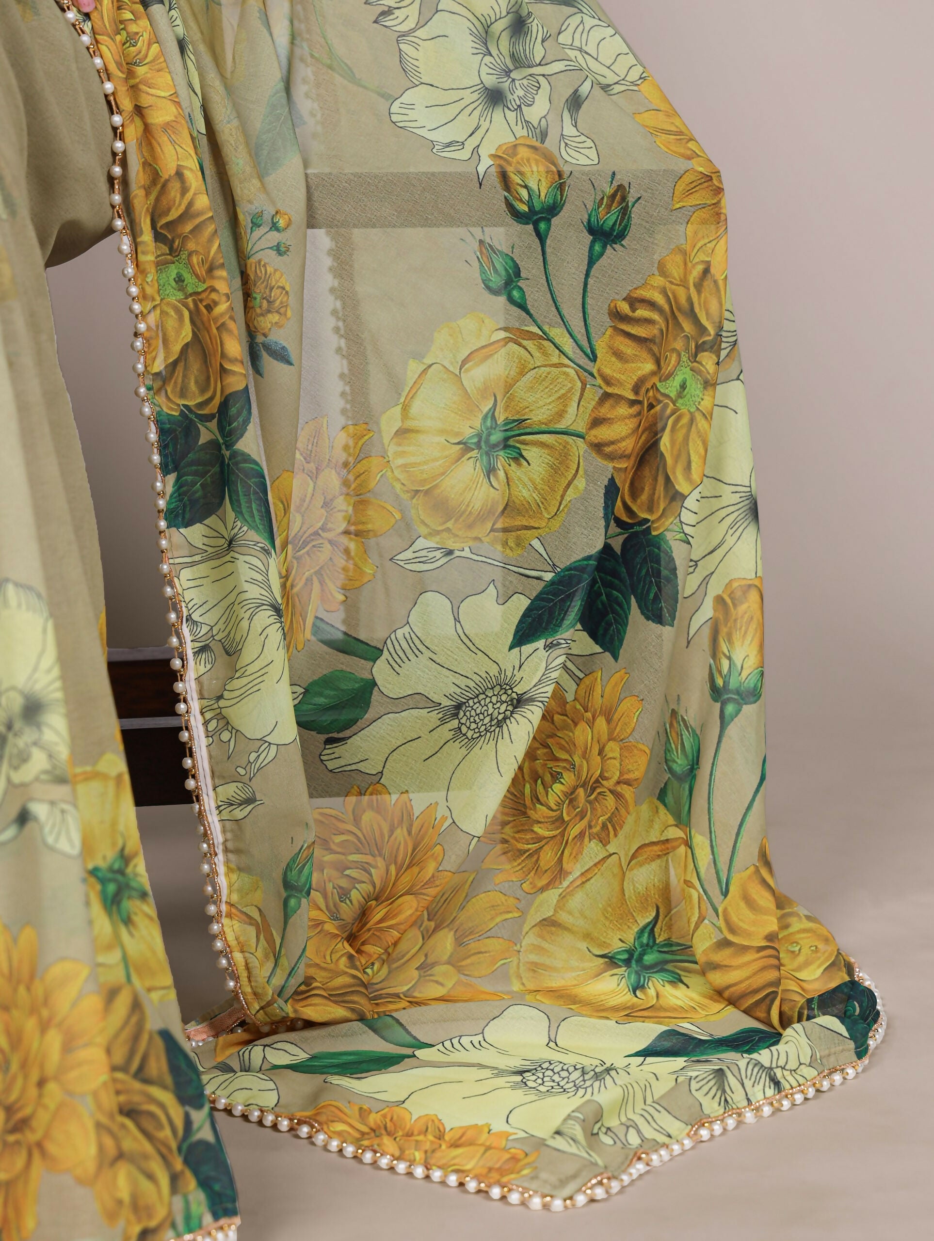 Vastranavya Mehendi Weightless Marble and Floral Printed Georgette Saree with Unstitched Blouse | Grocsy