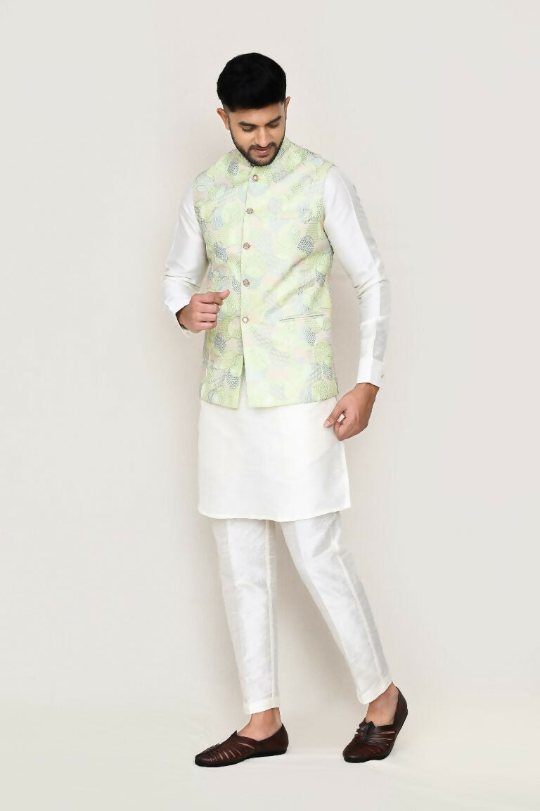Joban Fashion Green Colored Art Silk Based Full Embroidered Work Men's Jacket | Grocsy