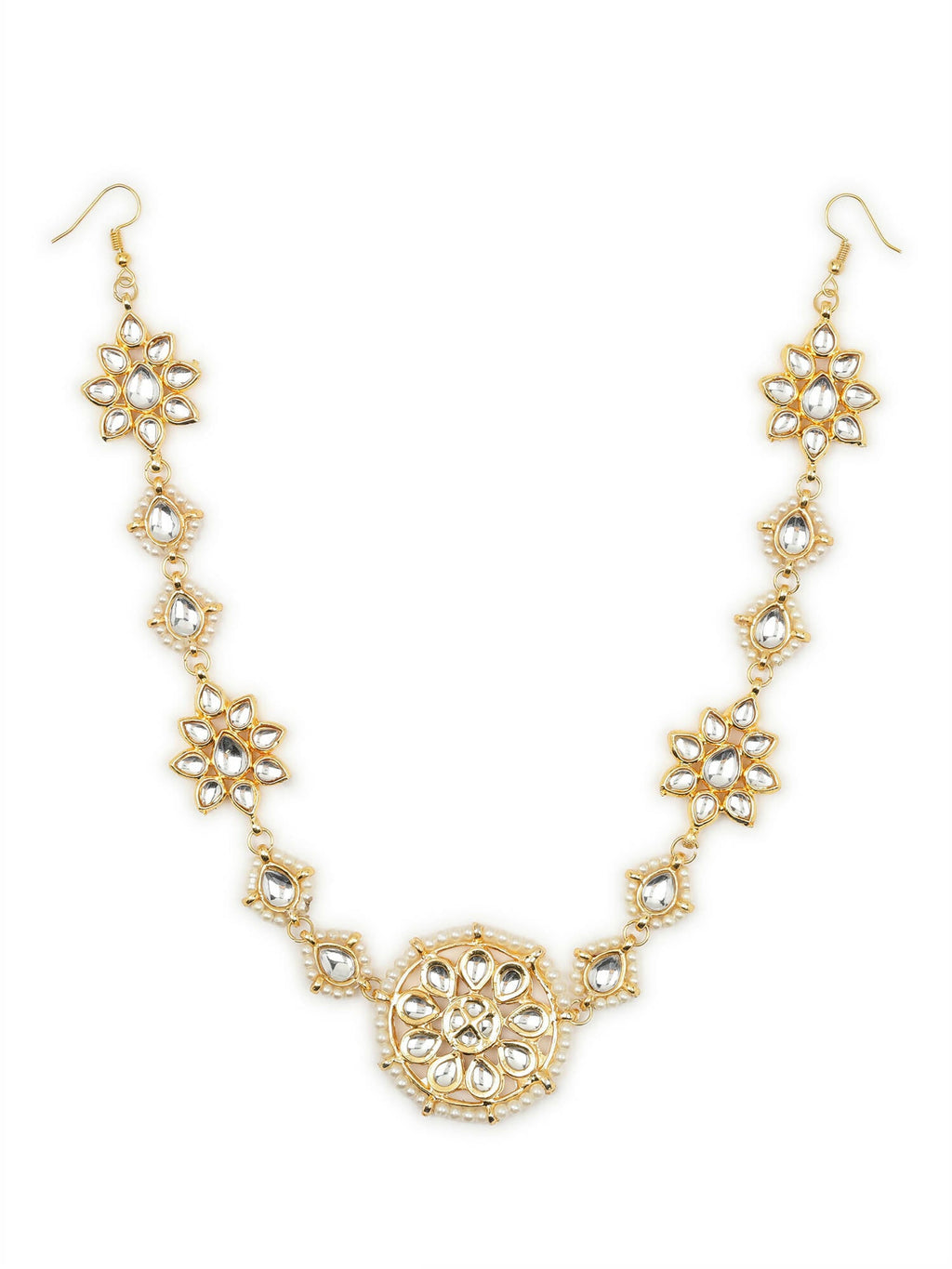 Gold-Polished White Kundan-Studded Pearl Beaded Hair Band - Ruby Raang | Grocsy