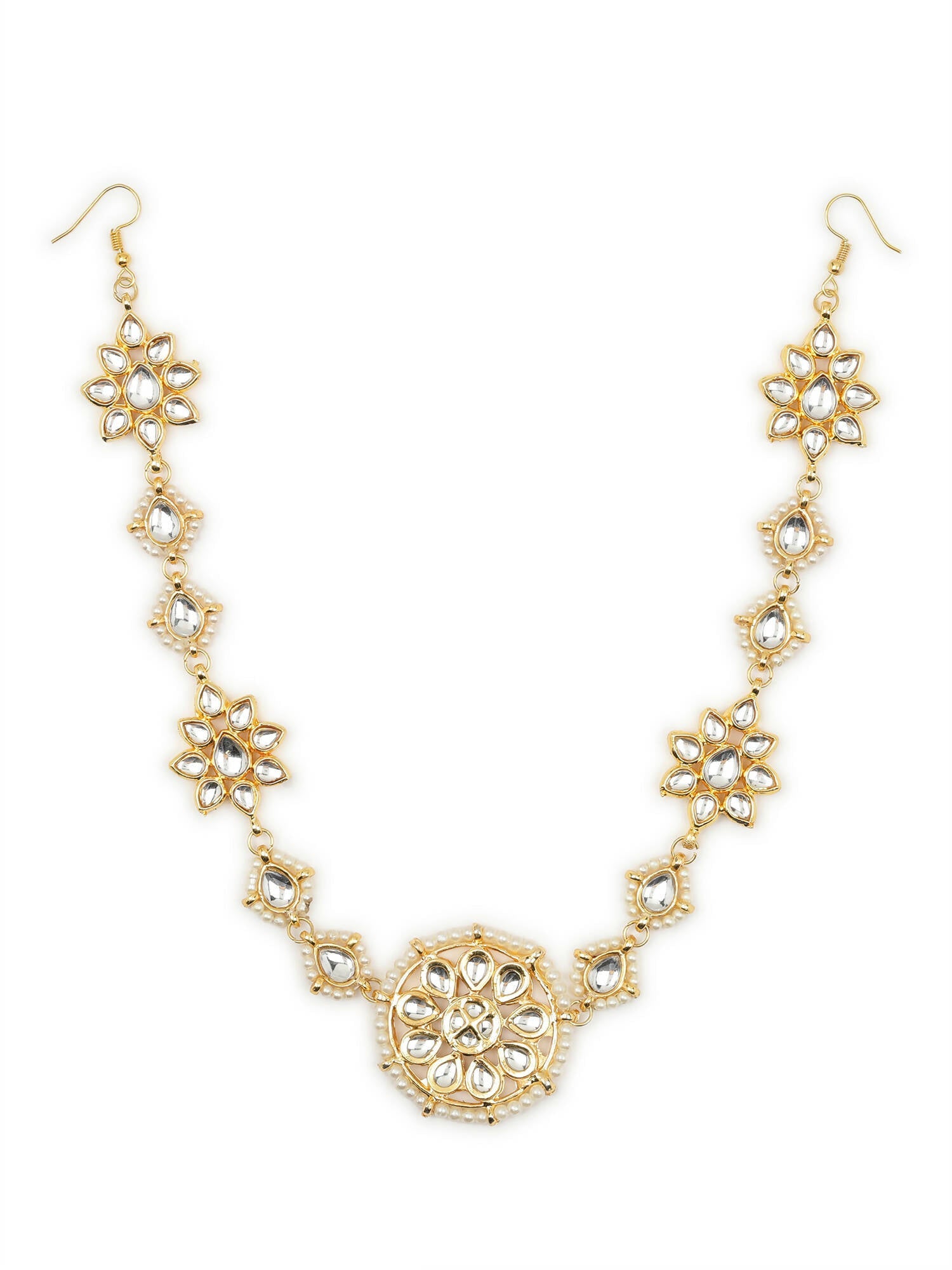 Gold-Polished White Kundan-Studded Pearl Beaded Hair Band - Ruby Raang | Grocsy