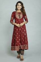 Alvano Women's Stylish Anarkali Kurti with Pant and Dupatta for Women and Girls (Maroon) | Grocsy