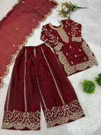 Teeya Creation New Trendy Fully Stitched Ready to Wear Kids Kurta Palazzo Set-Maroon | Grocsy