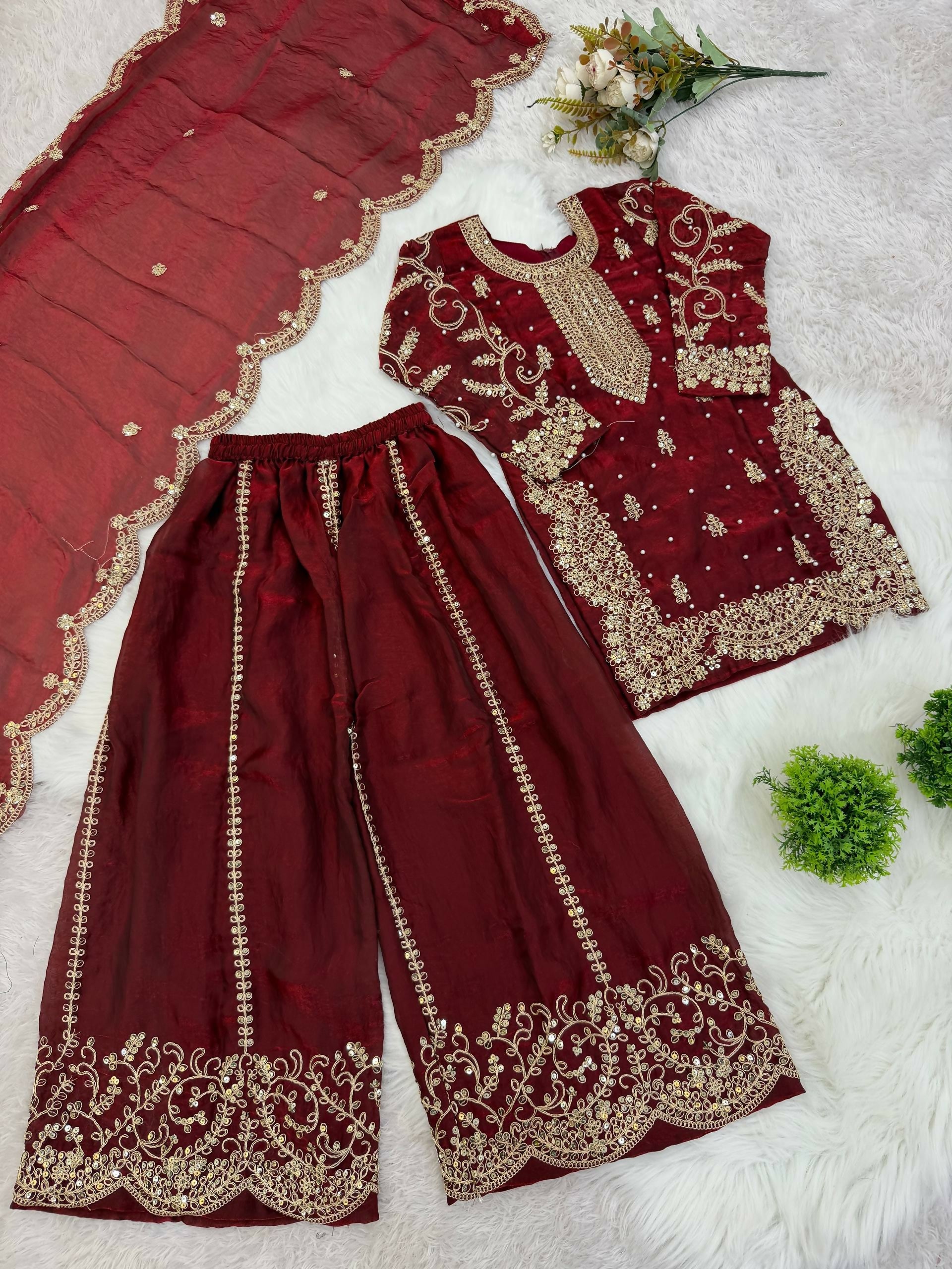 Teeya Creation New Trendy Fully Stitched Ready to Wear Kids Kurta Palazzo Set-Maroon | Grocsy