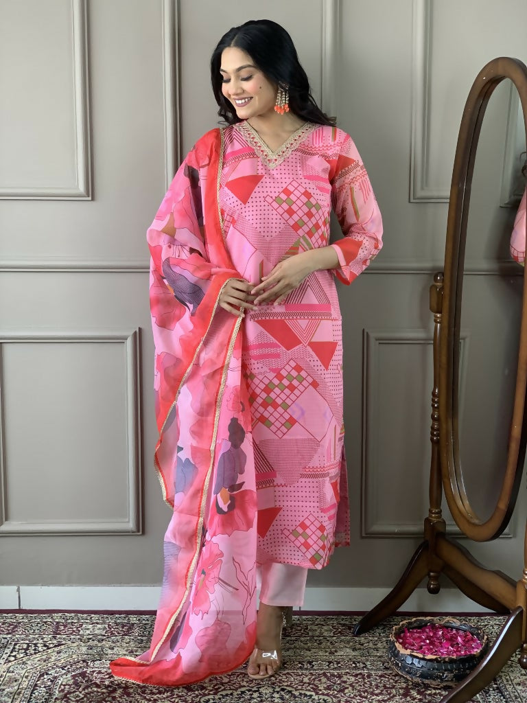 Multi Pink Viscose Chanderi Stitched Suit With Dupatta - Tanisha | Grocsy