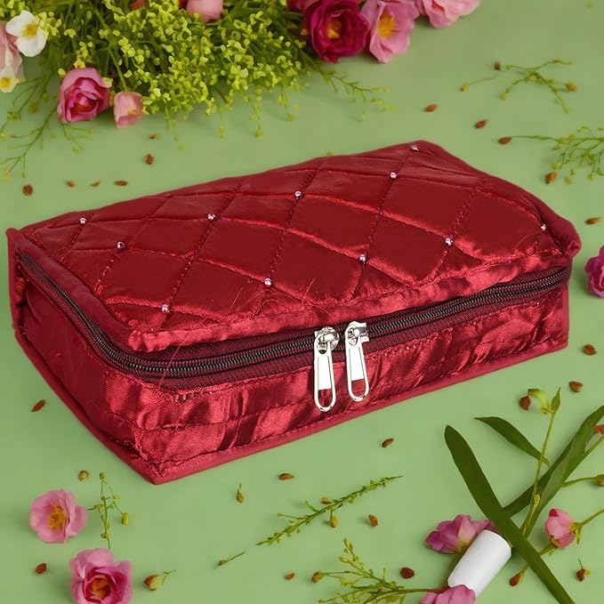 Asmaani 7 Pocket Maroon Satin Jewellery Kit | Grocsy