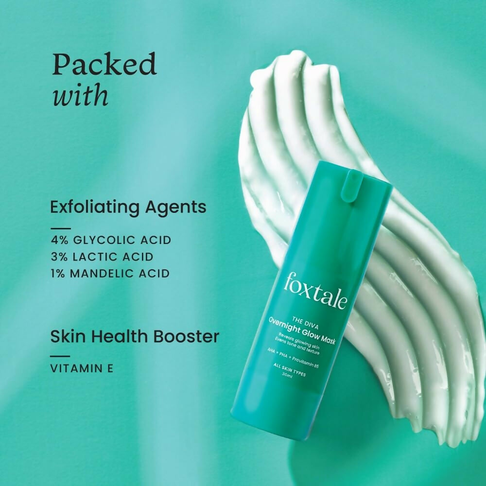 Foxtale Over Night Glow Mask For Glowing Skin, 4% Glycolic Acid & 3% Lactic Acid, Reduces Blackheads and Whiteheads | Grocsy