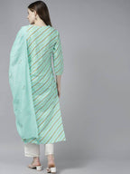 Yufta Women Green Bandhani Yoke Design Pure Cotton Kurta with Palazzo and Dupatta | Grocsy