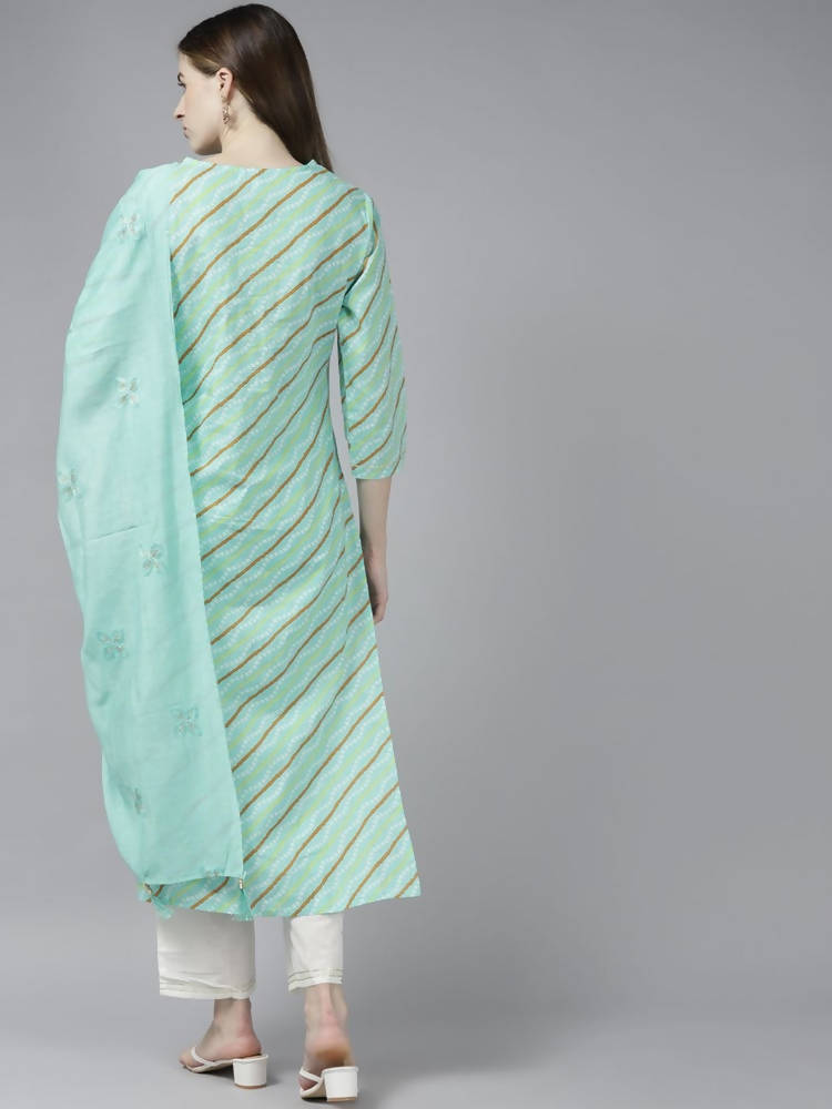 Yufta Women Green Bandhani Yoke Design Pure Cotton Kurta with Palazzo and Dupatta | Grocsy
