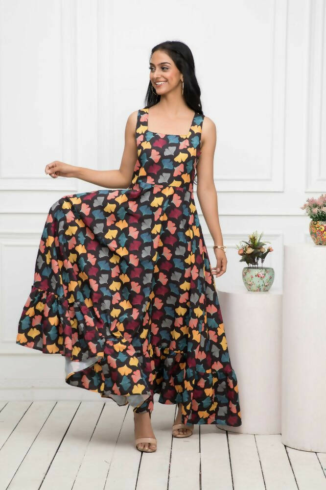 Myshka Women Black Floral Rayon A-Line Round Neck Dress | Grocsy