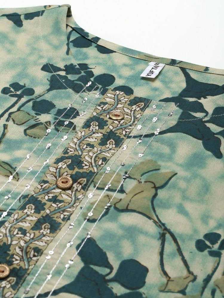 Yufta Women Teal and Beige Floral Dyed Pure Cotton Kurta with Palazzo and Dupatta | Grocsy