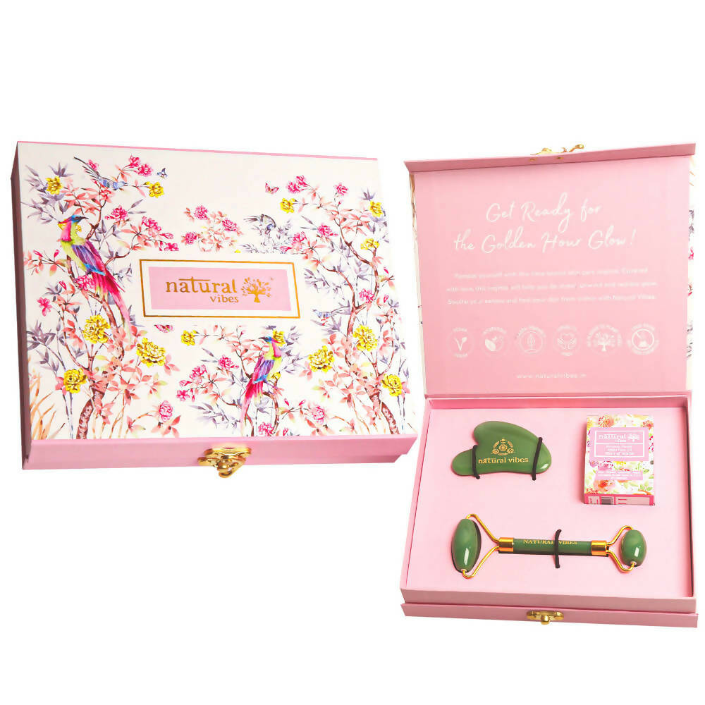 Natural Vibes Glow Getter Gift Set with Jade Face Roller, Jade Gua Sha & Nirvana Flower Oil | Grocsy