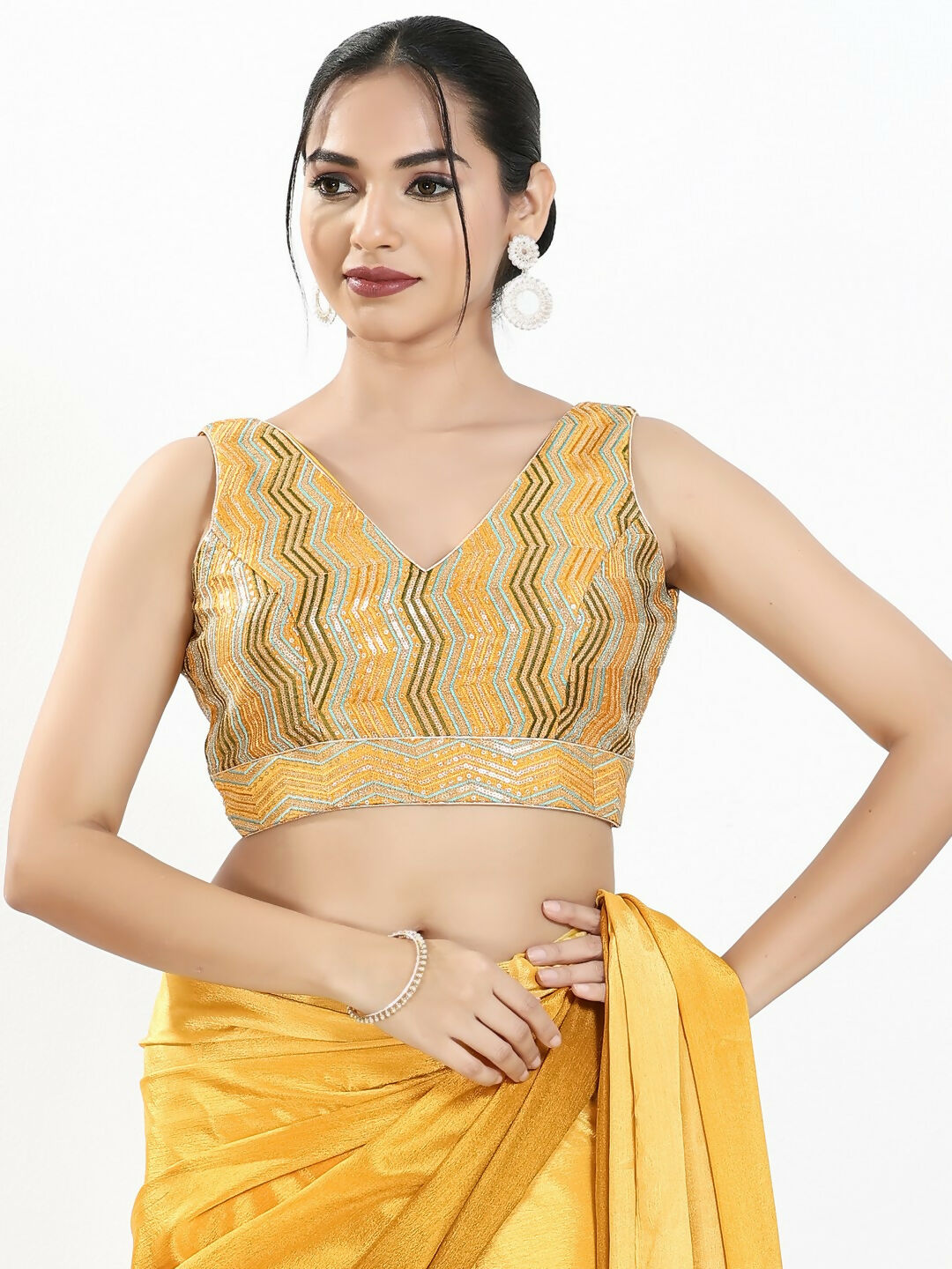Joban Fashion Yellow Multi Silk Padded Blouse With V Neck Sleeveless | Grocsy