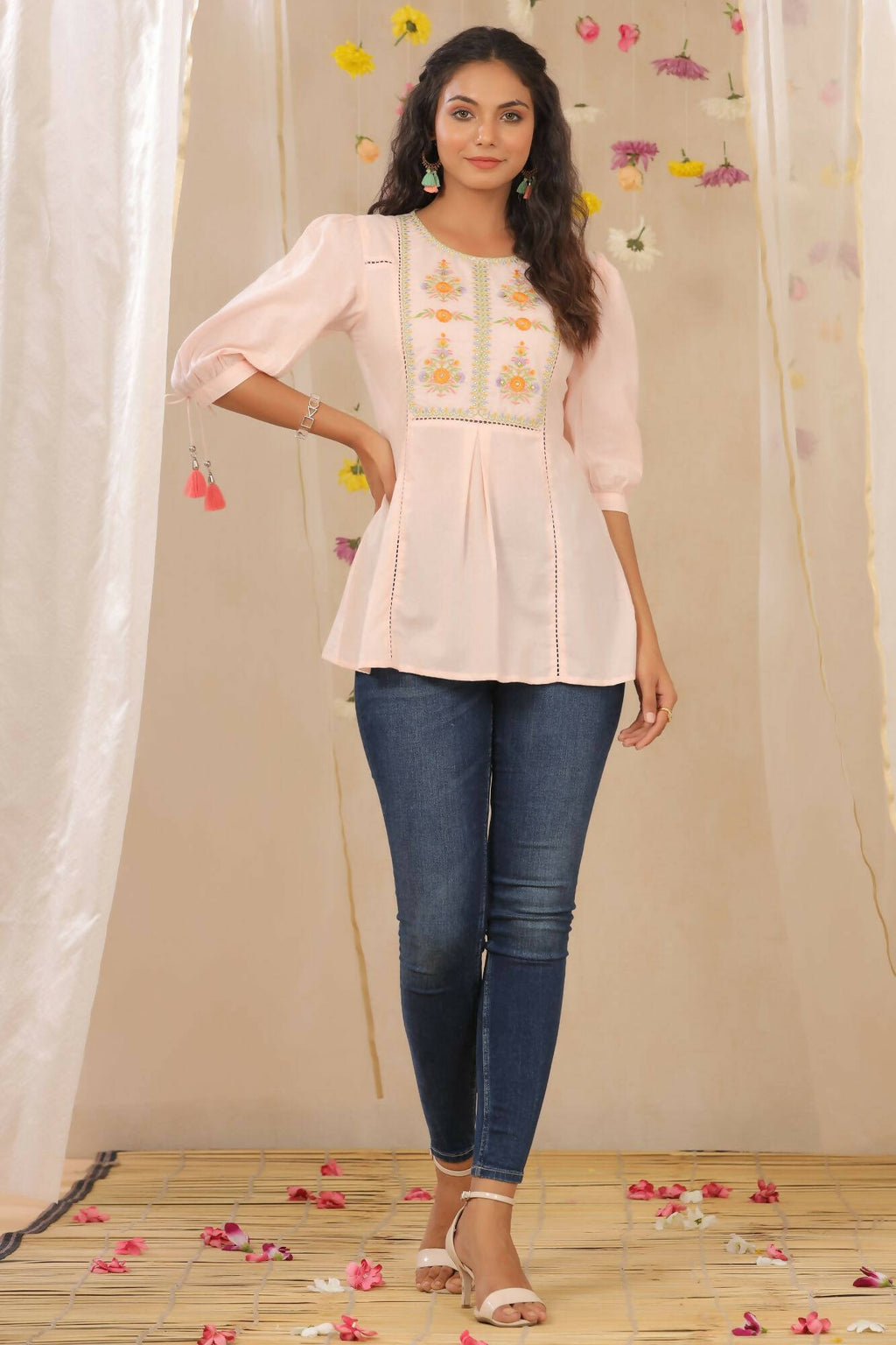 Juniper Women Peach Cotton Dobby Embroidered A-Line Tunic | Grocsy