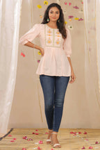 Juniper Women Peach Cotton Dobby Embroidered A-Line Tunic | Grocsy