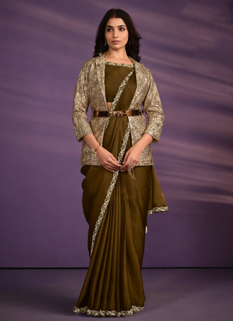 Olive Crepe Shimmer Silk Embroidered Saree With Stitched Blouse - Mohmanthan Exotica | Grocsy