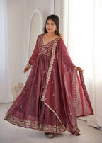 Teeya Creation Brown Crunchy Silk Wedding Wear Embroidery Work Design Gown | Grocsy