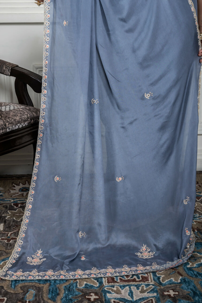 Morchari Grey Chiffon Hand Embroidery Saree And Stitched Blouse | Grocsy