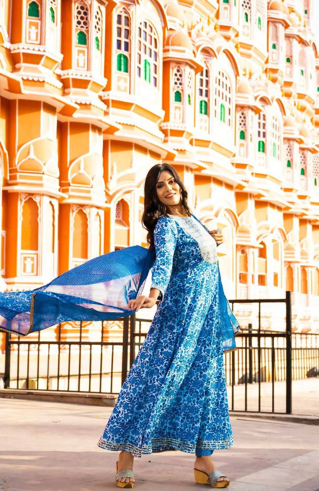 Yufta Women Blue Printed Pure Cotton Anarkali Kurta with Trouser & With Dupatta | Grocsy