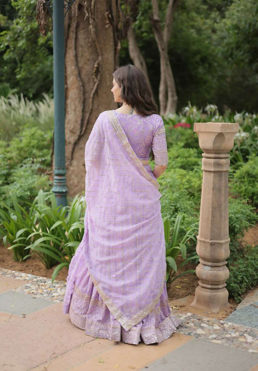 Lorenvalley Lavender Pure Viscose Jacquard with Golden Embroidered Sequins work Lehenga Choli | Grocsy
