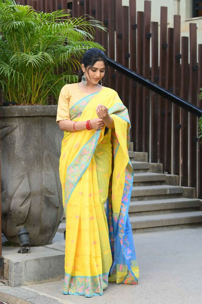 Beatitude Yellow Slub Cotton Floral Jamdani Saree | Grocsy
