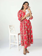 Manet Three Fourth Maternity Dress Floral Print With Concealed Zipper Nursing Access - Red | Grocsy