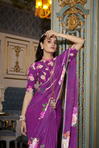 Vastranavya Purple Spectacular Georgette Printed with Pearl Lace Saree with Unstitched Blouse | Grocsy