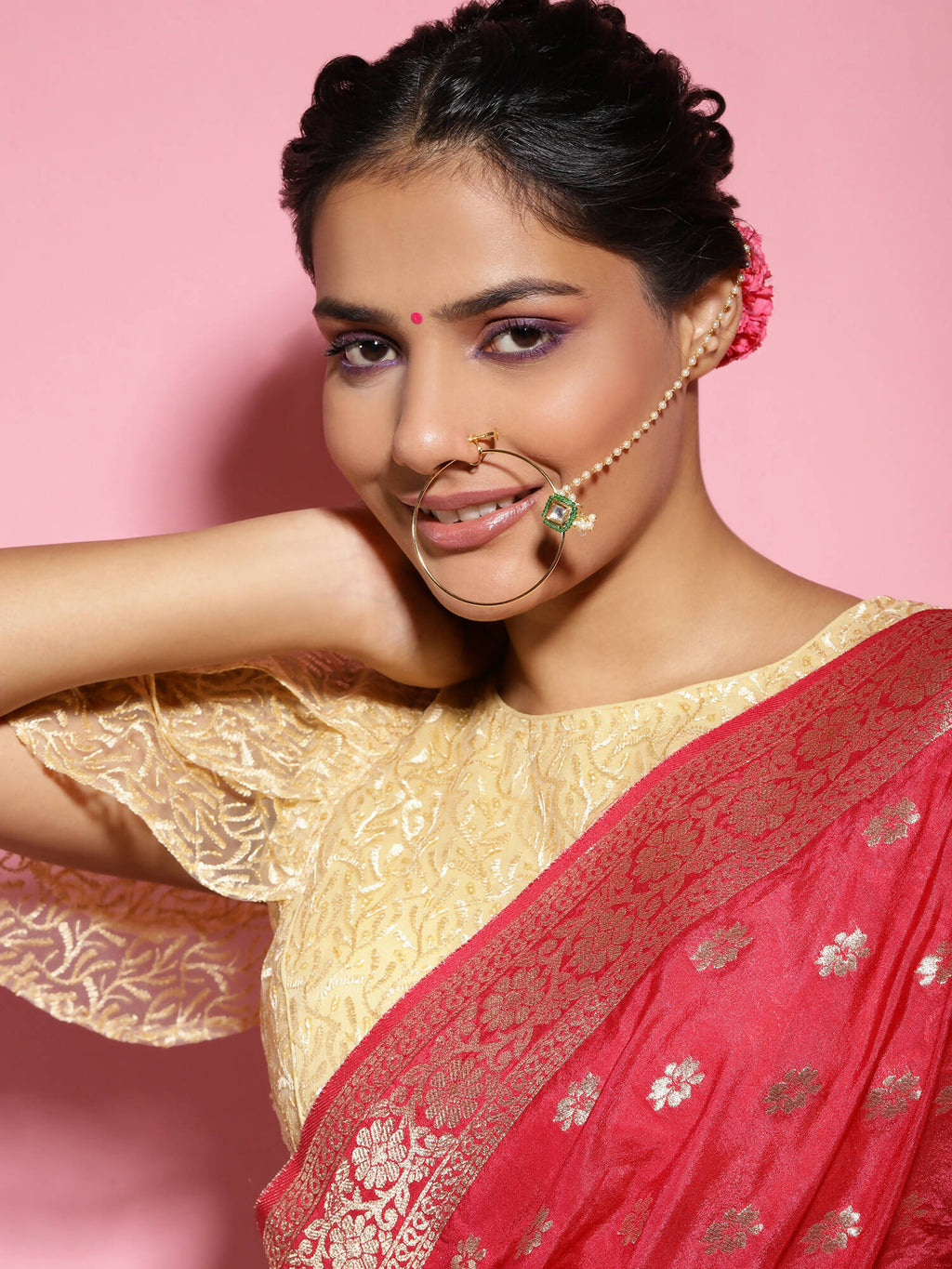 Gold-Polished Green White Kundan Studded Beaded Chained Nosepin - Ruby Raang | Grocsy