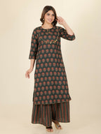 Aramya Straight Soft Cotton Ajrakh Print Women's Kurta - Green | Grocsy
