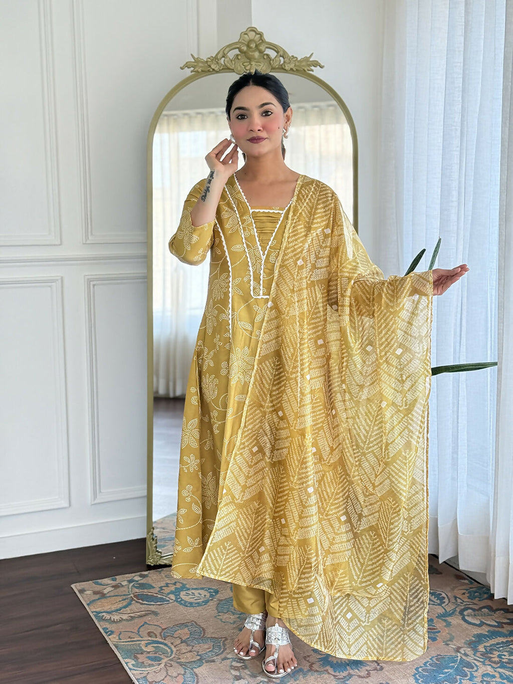 The52 Women's Beautiful Rayon Fabric Printed Work A-Line Kurta Pant and Dupatta Set | Grocsy