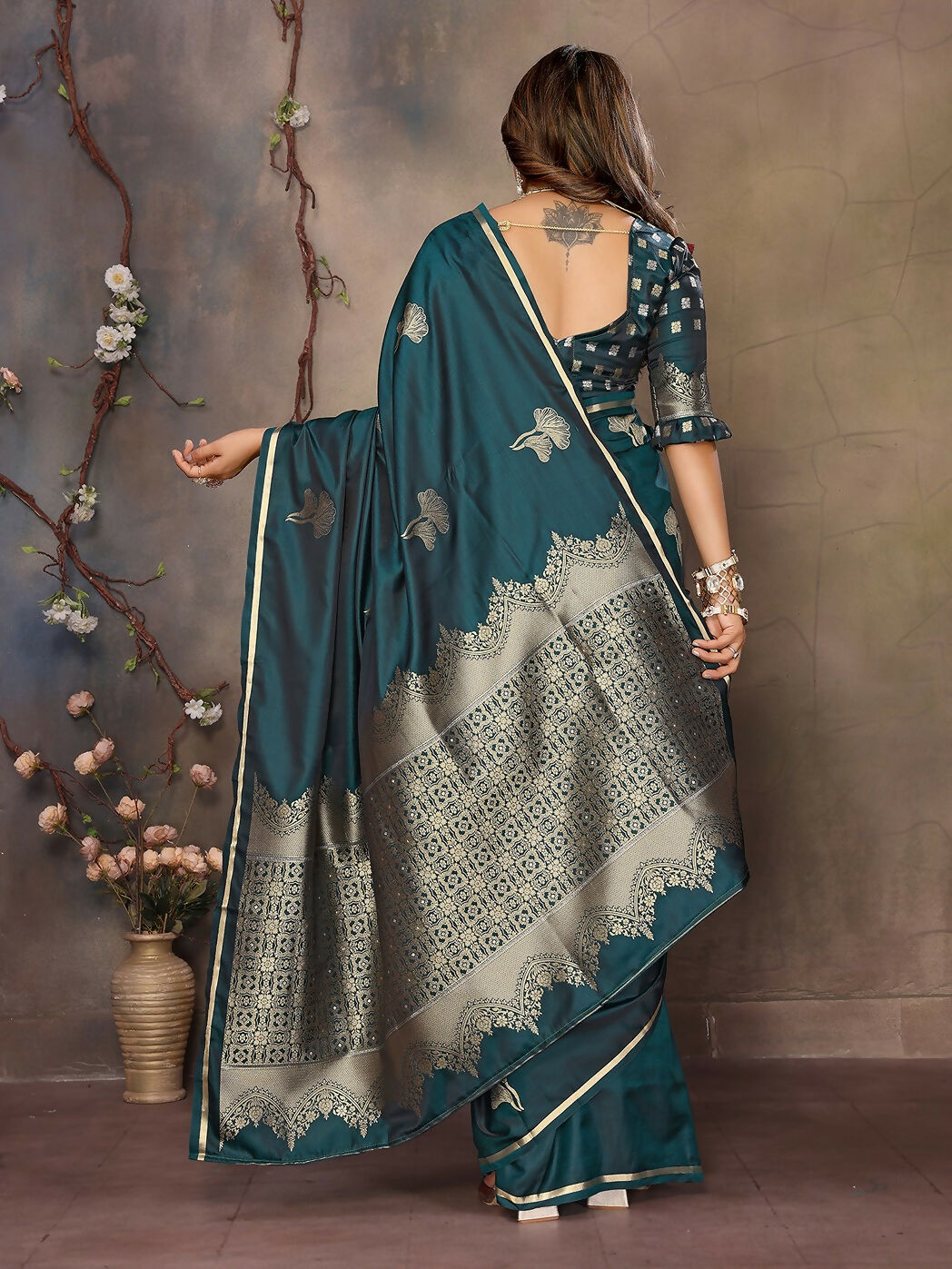 Joban Fashion Teal Floral Motifs Banarasi Silk Sarees | Grocsy