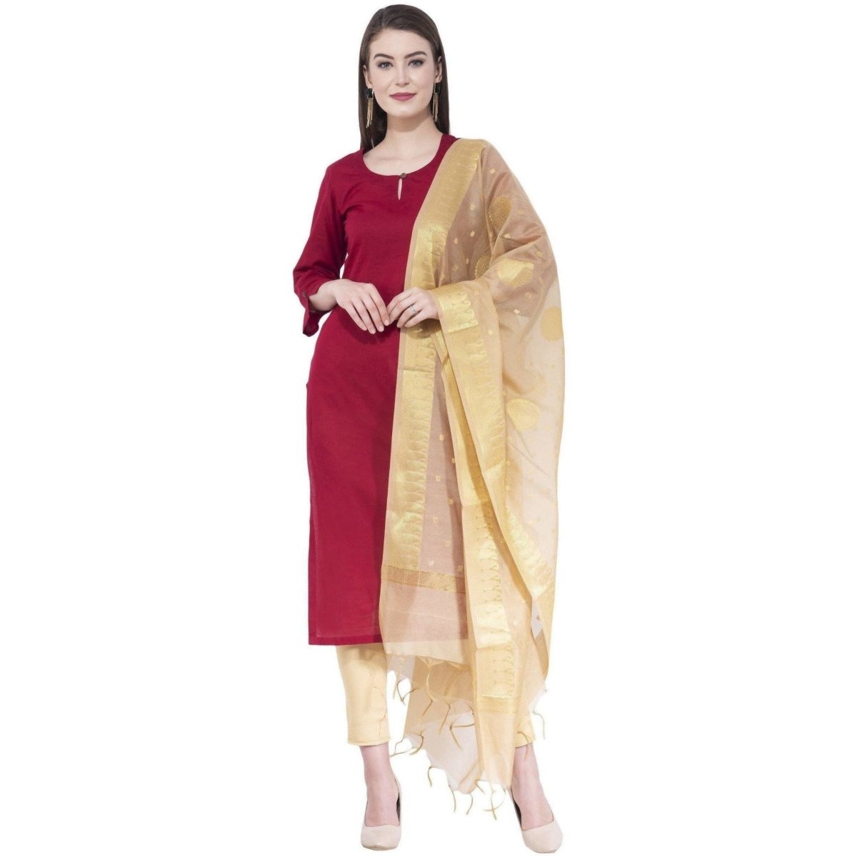 A R Silk Golden Color Fancy Vanarsi Silk Dupattas and Chunnis | Grocsy