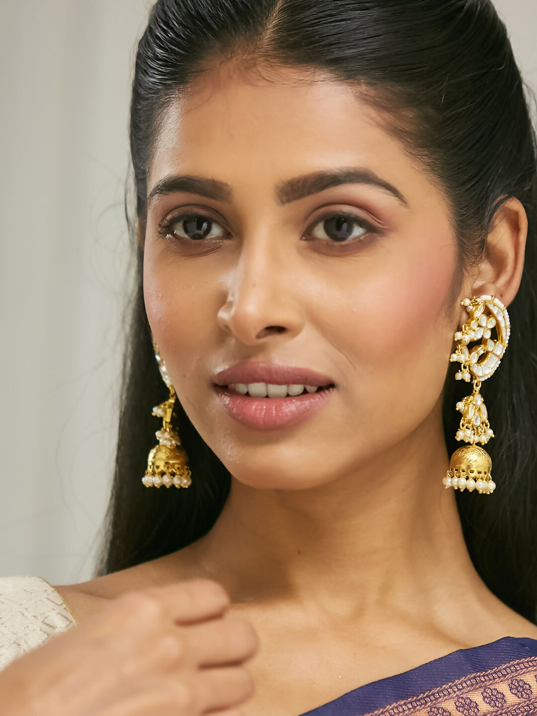 Nuyug 22K Gold-Plated Elegant Kundan Stone Studded & Pearl Drops Mini Jhumki Dangler Earrings | Grocsy