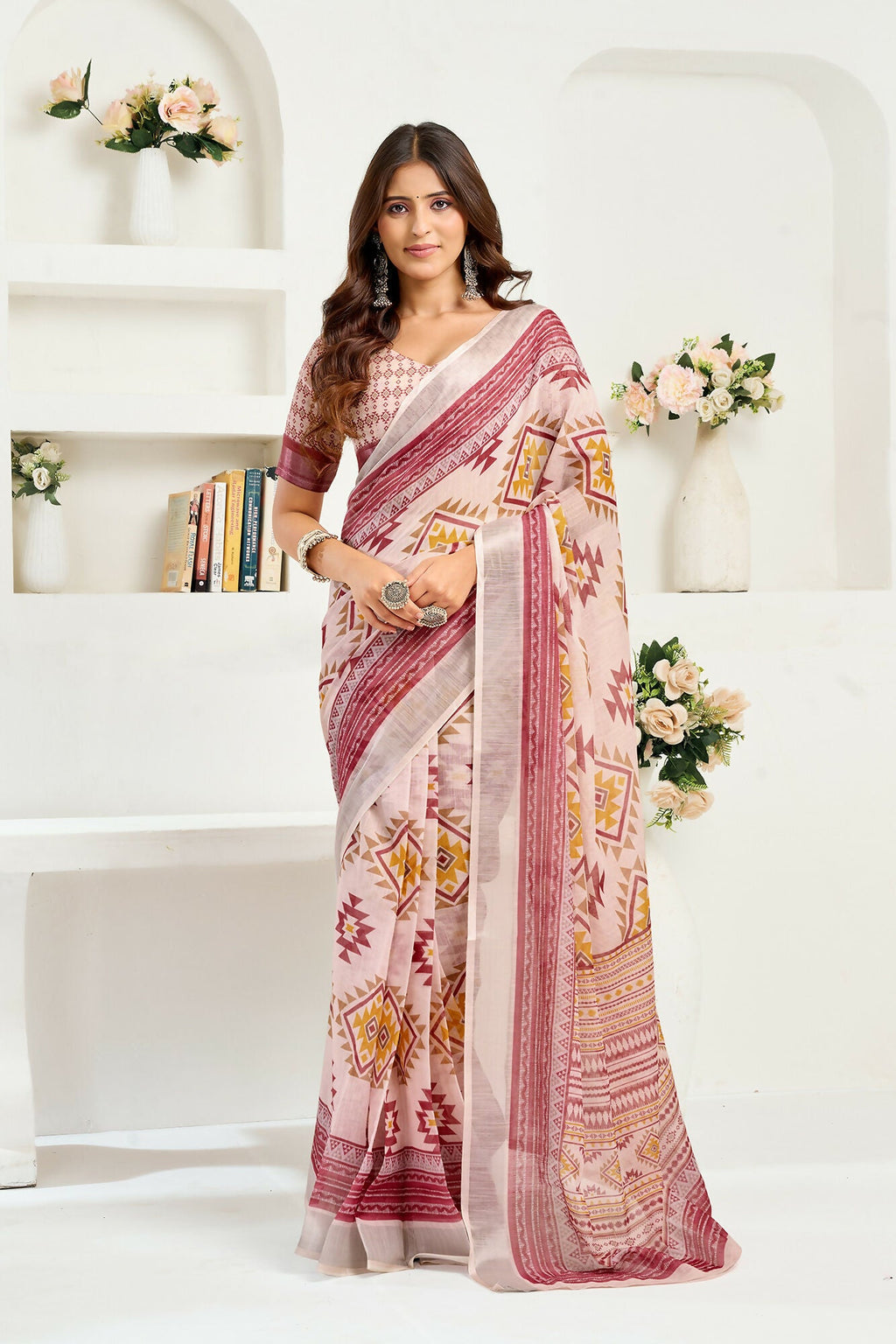 Vastranavya White Maroon Digital Printed Linen Ready To Wear Designer Saree with Unstitched Blouse | Grocsy