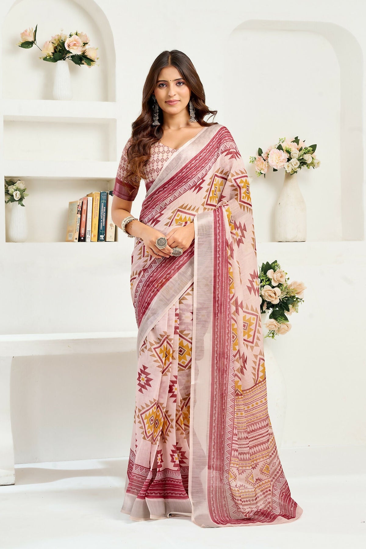 Vastranavya White Maroon Digital Printed Linen Ready To Wear Designer Saree with Unstitched Blouse | Grocsy